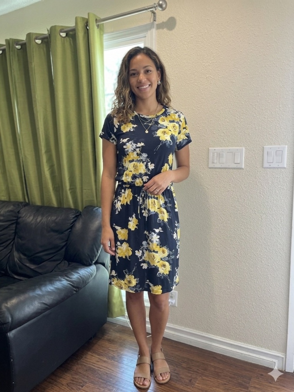 Navy Maxi Dress with Yellow Floral Print and Short Sleeves